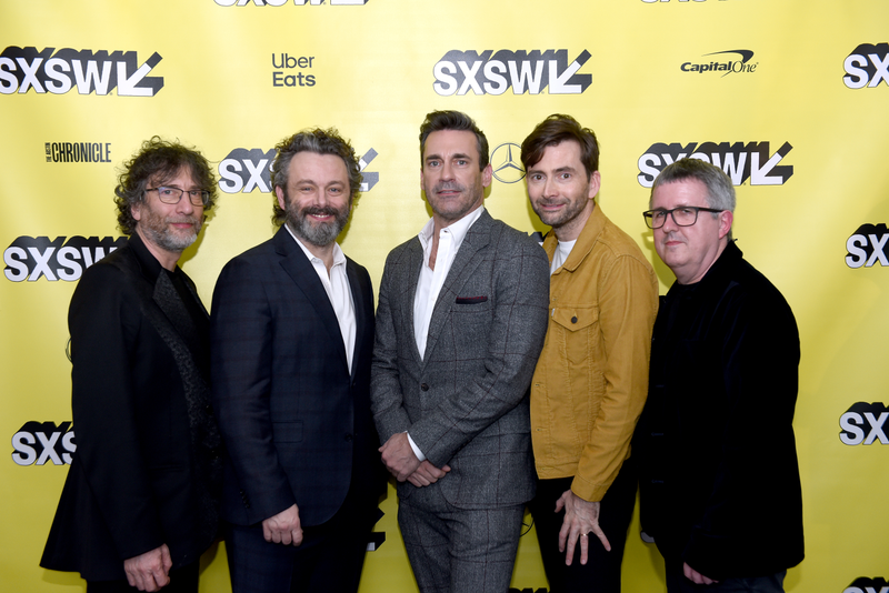 (left to right) Neil Gaiman with actors Michael Sheen, Jon Hamm, David Tennant, and Good Omens director Douglas Mackinnon.